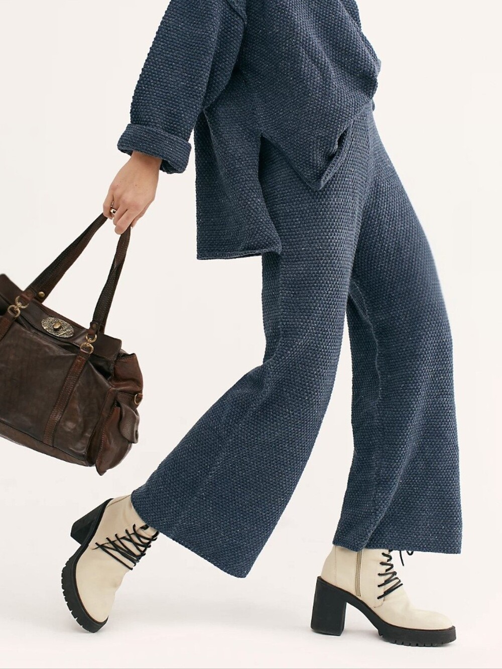Free People Navy Textured Wide-Leg Knit Pants